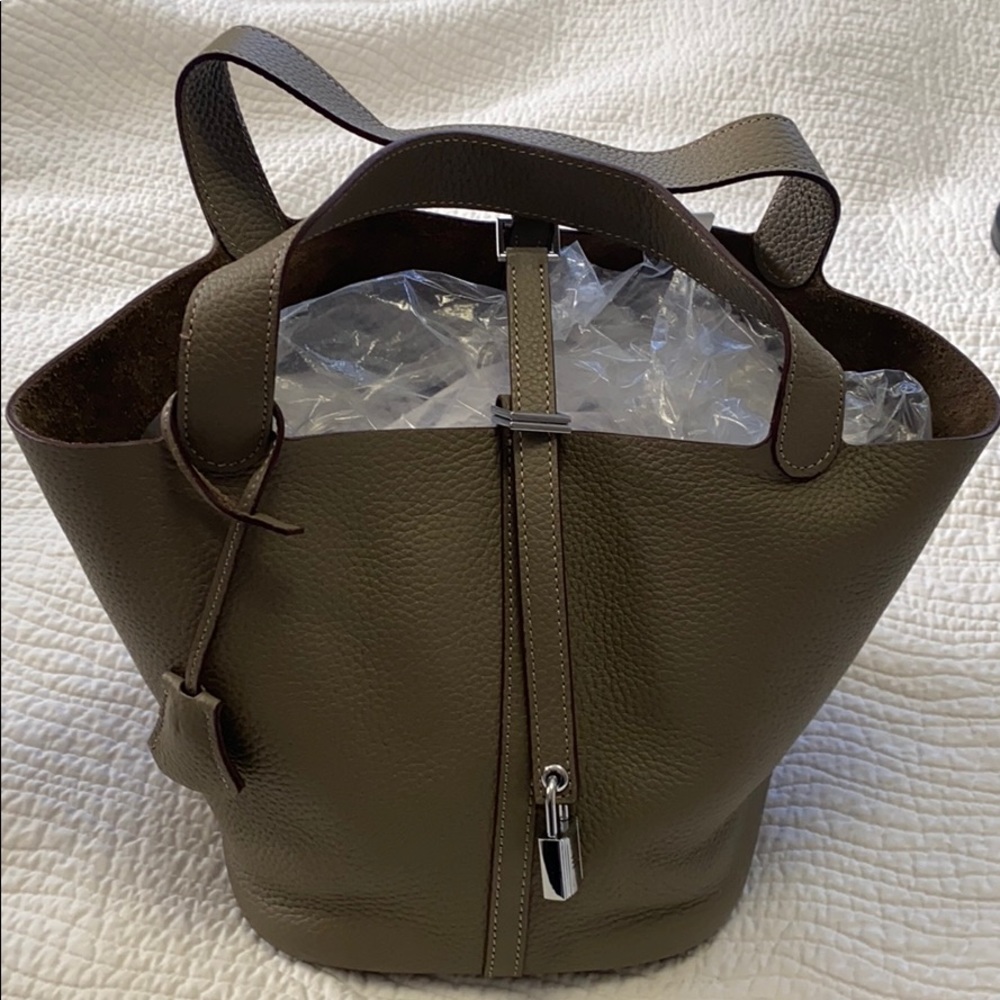 Picotin inspired gray leather tote